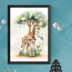 Giraffe Calf's Reaching Adventure Nursery Watercol Faux Canvas Print