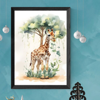 Giraffe Calf's Reaching Adventure Nursery Watercol Faux Canvas Print