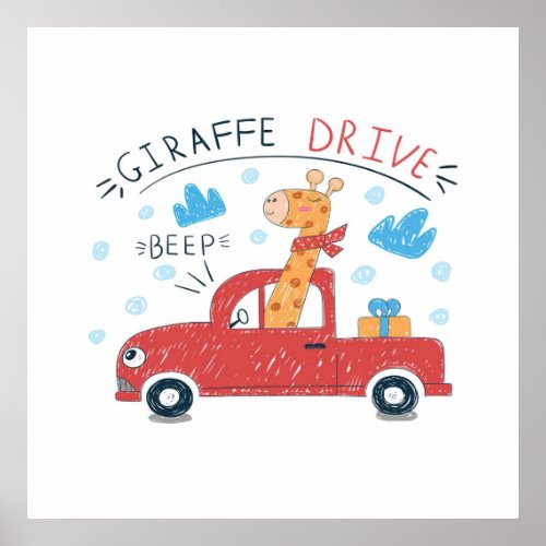 Giraffe Cartoon  Giraffe Drive The Car Poster