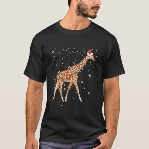 Giraffe Christmas Color Lights Funny Giraffe Santa T_Shirt
