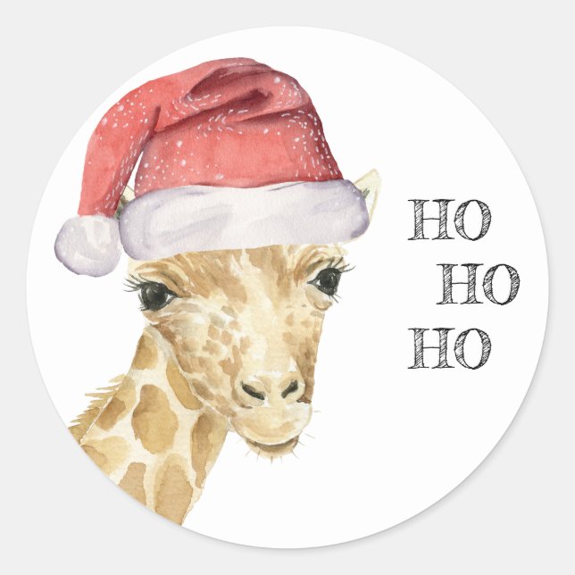 Giraffe Christmas Hat HO HO HO Classic Round Sticker (Front)