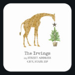 Giraffe Christmas Tree Address Square Sticker<br><div class="desc">Illustration of a giraffe decorating a Christmas tree with a star.</div>