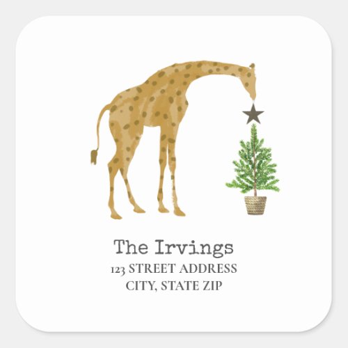 Giraffe Christmas Tree Address Square Sticker