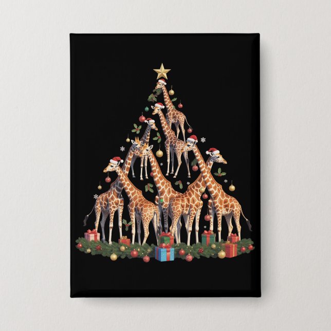 Giraffe Christmas Tree Santa African Wildlife Farm Button (Front)