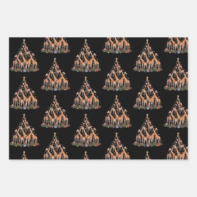 Giraffe Christmas Tree Santa African Wildlife Farm Wrapping Paper Sheets (Front)