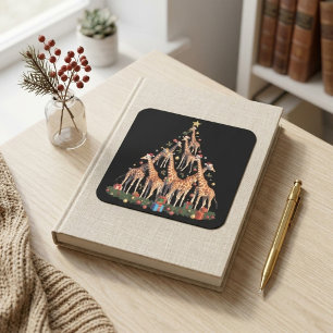 Giraffe Christmas Tree Santa Hats African Wildlife Square Sticker