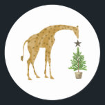 Giraffe Christmas Tree Star Classic Round Sticker<br><div class="desc">Illustration of a giraffe topping a Christmas tree with a star.</div>