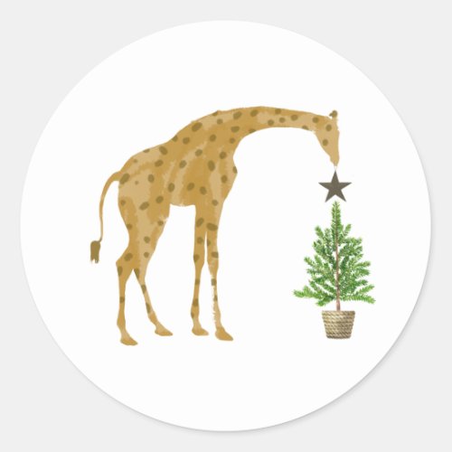 Giraffe Christmas Tree Star Classic Round Sticker