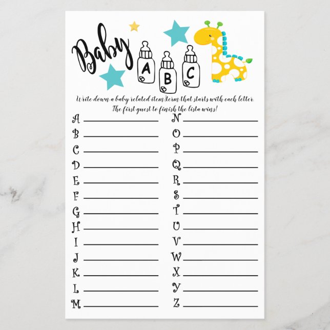 GIRAFFE COLORFUL  ABC BABY SHOWER GAME CARD FLYER (Front)