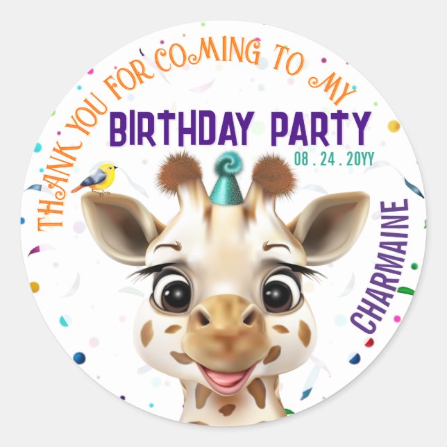 Giraffe Confetti Kids Birthday Classic Round Sticker (Front)