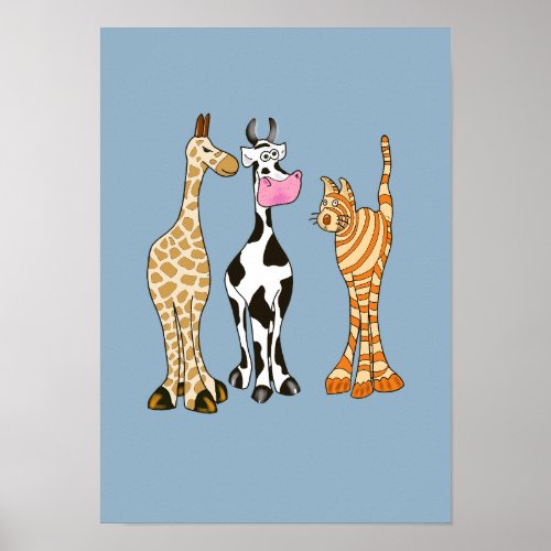 Giraffe cow and cat, comical animals. poster