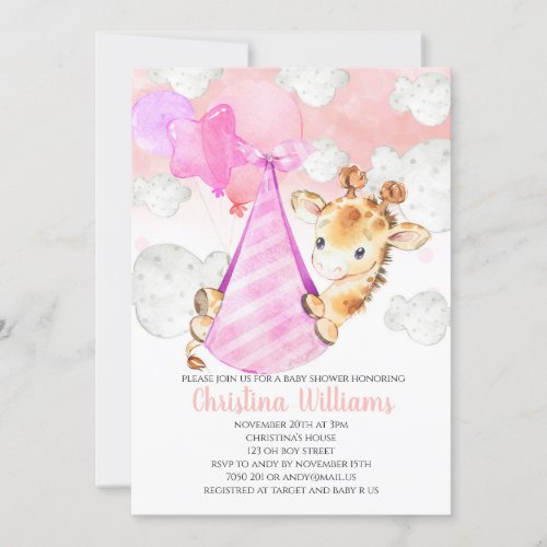 Giraffe Cub Baby Girl Baby Shower Cute Pink Invitation