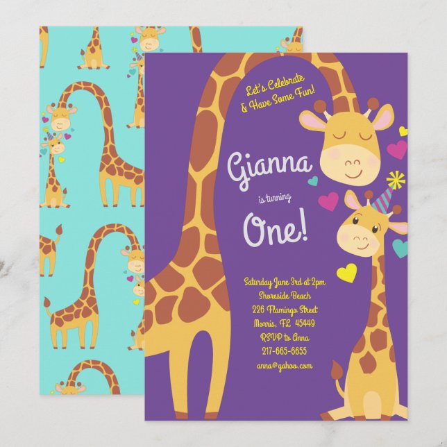 Giraffe Cute Kids 1st Birthday Party Invitation (Front/Back)