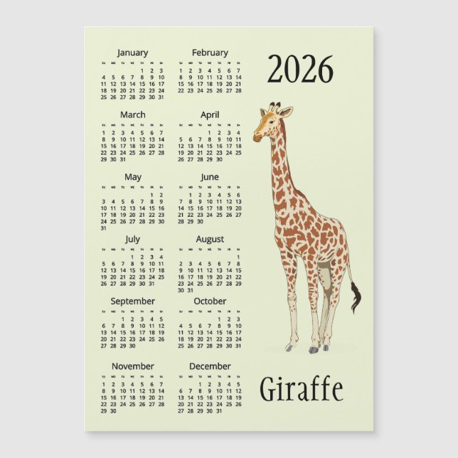 Giraffe Design 2026 Calendar Magnetic Card (Front)
