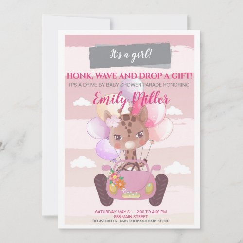 Giraffe drive by baby shower invitation girl