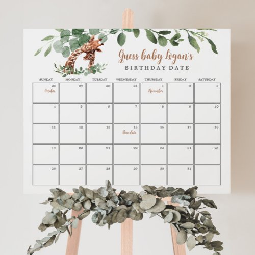 Giraffe due date calendar baby shower game sign