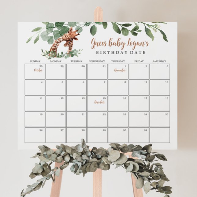 Giraffe due date calendar baby shower game sign (Creator Uploaded)