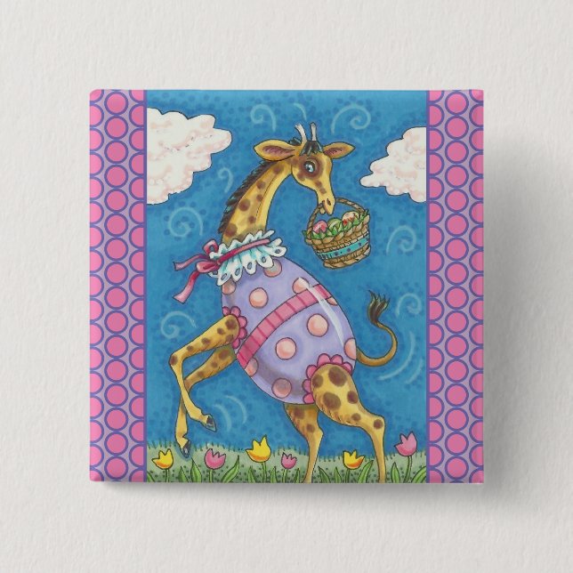 GIRAFFE, EASTER EGGS & TULIPS HOLIDAY BUTTON Squ (Front)