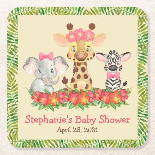 Giraffe Elephant and Zebra Girl Safari Baby Shower Square Paper Coaster