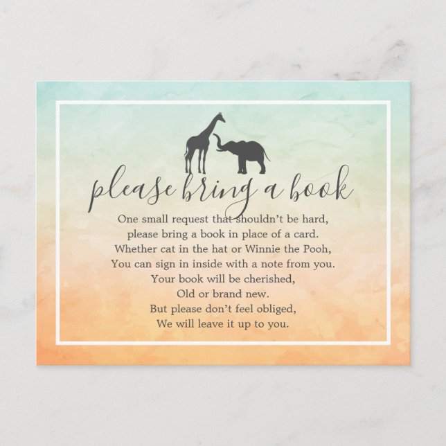 Giraffe Elephant Baby Shower Book Insert Request Invitation Postcard (Front)