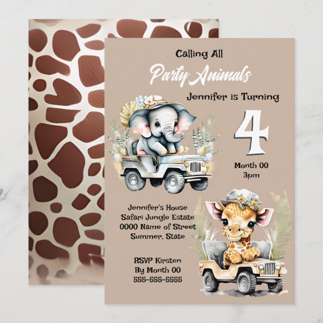 Giraffe elephant jungle safari wild animals kids invitation (Front/Back)