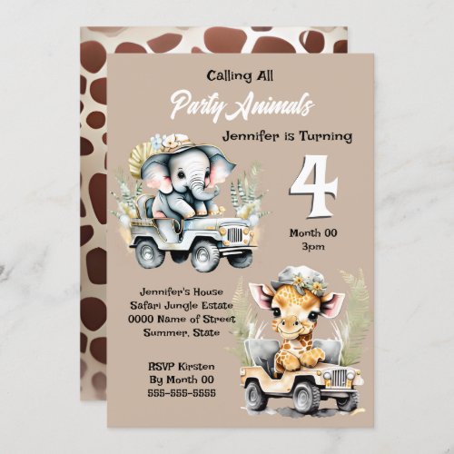 Giraffe elephant jungle safari wild animals kids invitation