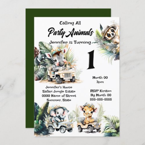 Giraffe elephant jungle safari wild animals zebra invitation