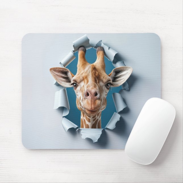 Giraffe Emerging From a Paper Hole Mouse Pad (With Mouse)