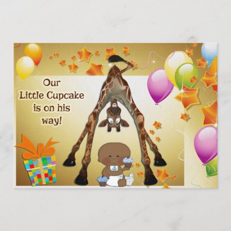 Giraffe, Ethnic Baby Boy And Cupcakes Baby Shower Invitation