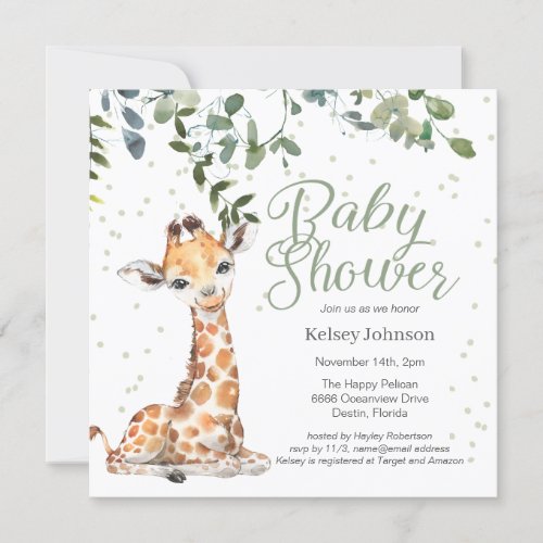 Giraffe Eucalyptus Greenery Neutral Baby Shower  Invitation