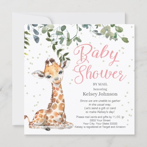 Giraffe Eucalyptus Greenery Pink Baby Shower Invitation