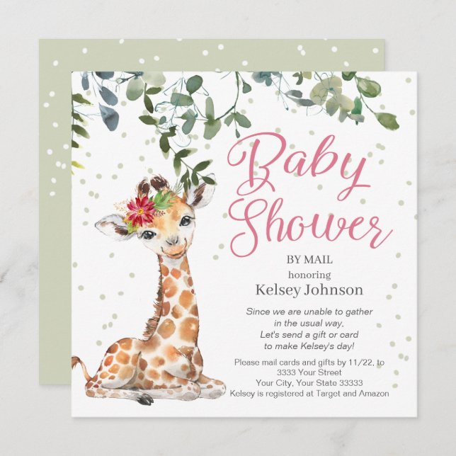 Giraffe Eucalyptus Pink Floral Baby Shower Invitation (Front/Back)
