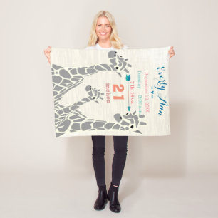 Giraffe Family Baby Girl Stats Birth Record Fleece Blanket