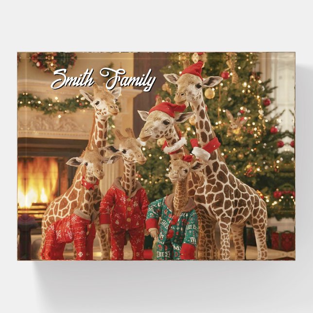 Giraffe Family by the Christmas Tree Personalized Paperweight (Front)