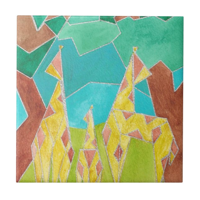 Giraffe Family Original Abstract Art Ceramic Tile (Front)