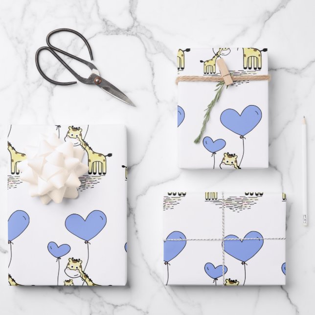 Giraffe Family With Blue Heart Balloons Wrapping Paper Sheets (Front)