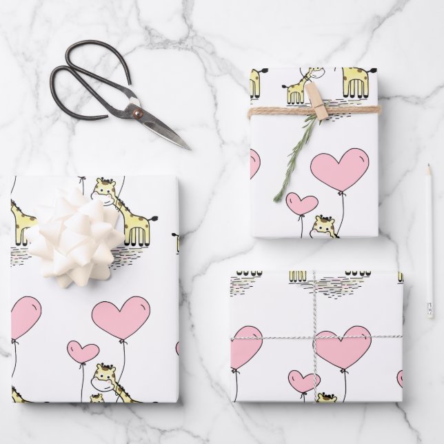 Giraffe Family With Pink Heart Balloons Wrapping Paper Sheets (Front)
