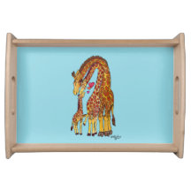 Giraffe Family Wooden Dinner Tray Blue