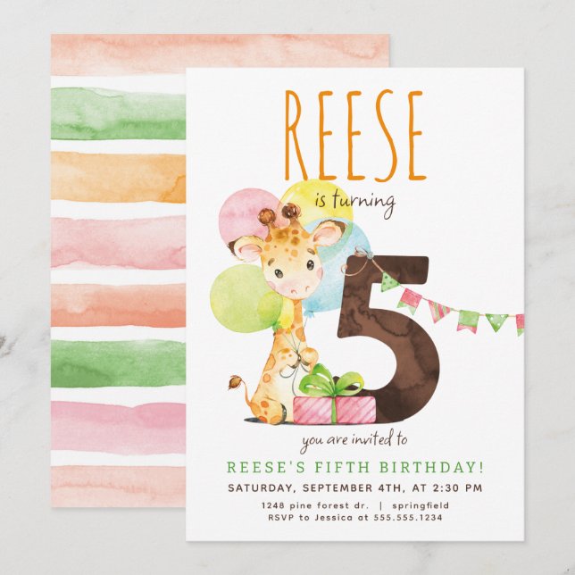 Giraffe Fifth Birthday Party Invitation (Front/Back)