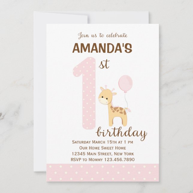 Giraffe First Birthday Invitation (Pink) (Front)