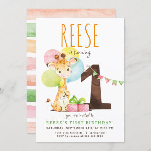 Giraffe First Birthday Party Invitation