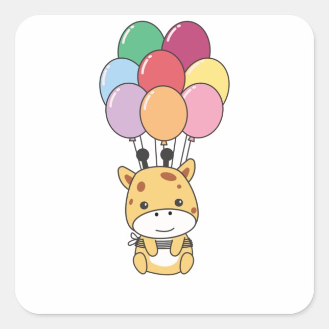 Giraffe Flies Up With Colorful Balloons Square Sticker (Front)