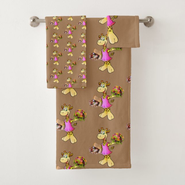Giraffe Floral Beige Hands Bathroom Towel Sets (Insitu)