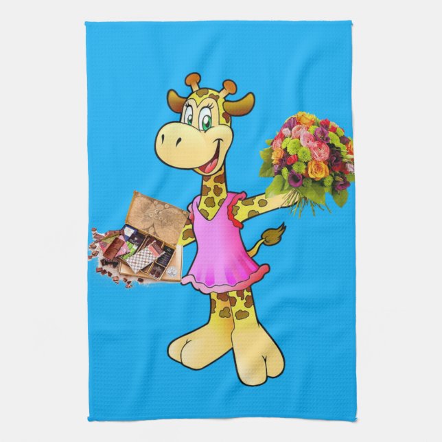 Giraffe Floral Blue Kitchen Hand Towel (Vertical)
