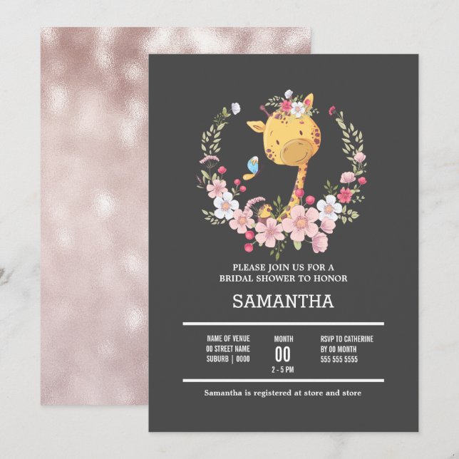 Giraffe floral wreath baby safari jungle animal  invitation (Front/Back)