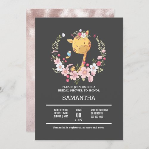 Giraffe floral wreath baby safari jungle animal  invitation