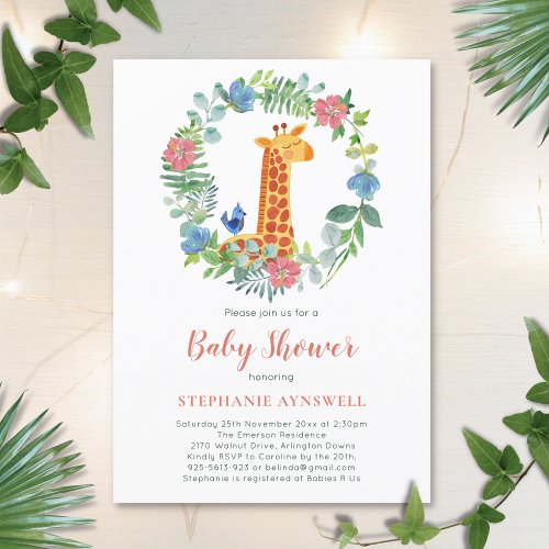 Giraffe  Floral Wreath Baby Shower Invitation