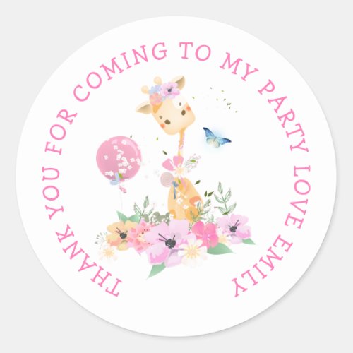 Giraffe Florals Name Thank You For Coming to Party Classic Round Sticker