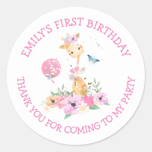 Giraffe Flowers Name Thank You Girls 1st Birthday Classic Round Sticker