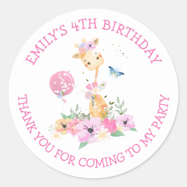 Giraffe Flowers Name Thank You Girls 4th Birthday Classic Round Sticker (Front)